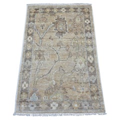 1'10"x3' Ecru Brown Hand Knotted Pure Wool Afghan Angora Oushak Mat Sample Rug