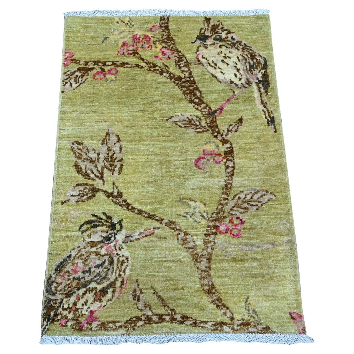 1
10"x3
 Olive Green Sparrows on the Tree Peshawar Pure Wool Hand Knotted Rug