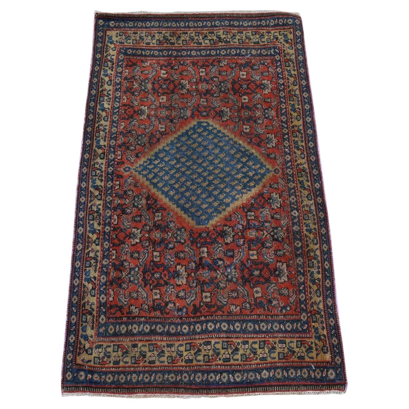 1'10 "x3'2" Rojo Antiguo Persa Senneh Incluso Desgaste Limpio Alfombra de Lana Anudada a Mano