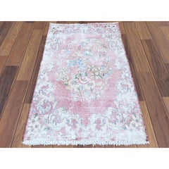 1'10'x3'4" Red Washed Out Vintage Flower Design Hand Knotted Wool Oriental Rug