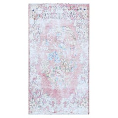1'10'x3'4" Red Washed Out Vintage Flower Design Hand Knotted Wool Oriental Rug