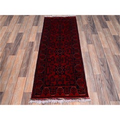 1'10"x4'10" Red Afghan Andkhoy with Geometric Motif Hand Knotted Wool Runner Rug