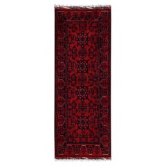 1'10"x4'10" Red Afghan Andkhoy with Geometric Motif Hand Knotted Wool Runner Rug