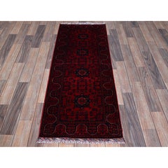 1'10"x4'10" Red Afghan Khamyab Geometric Design Hand Knotted Wool Runner Rug