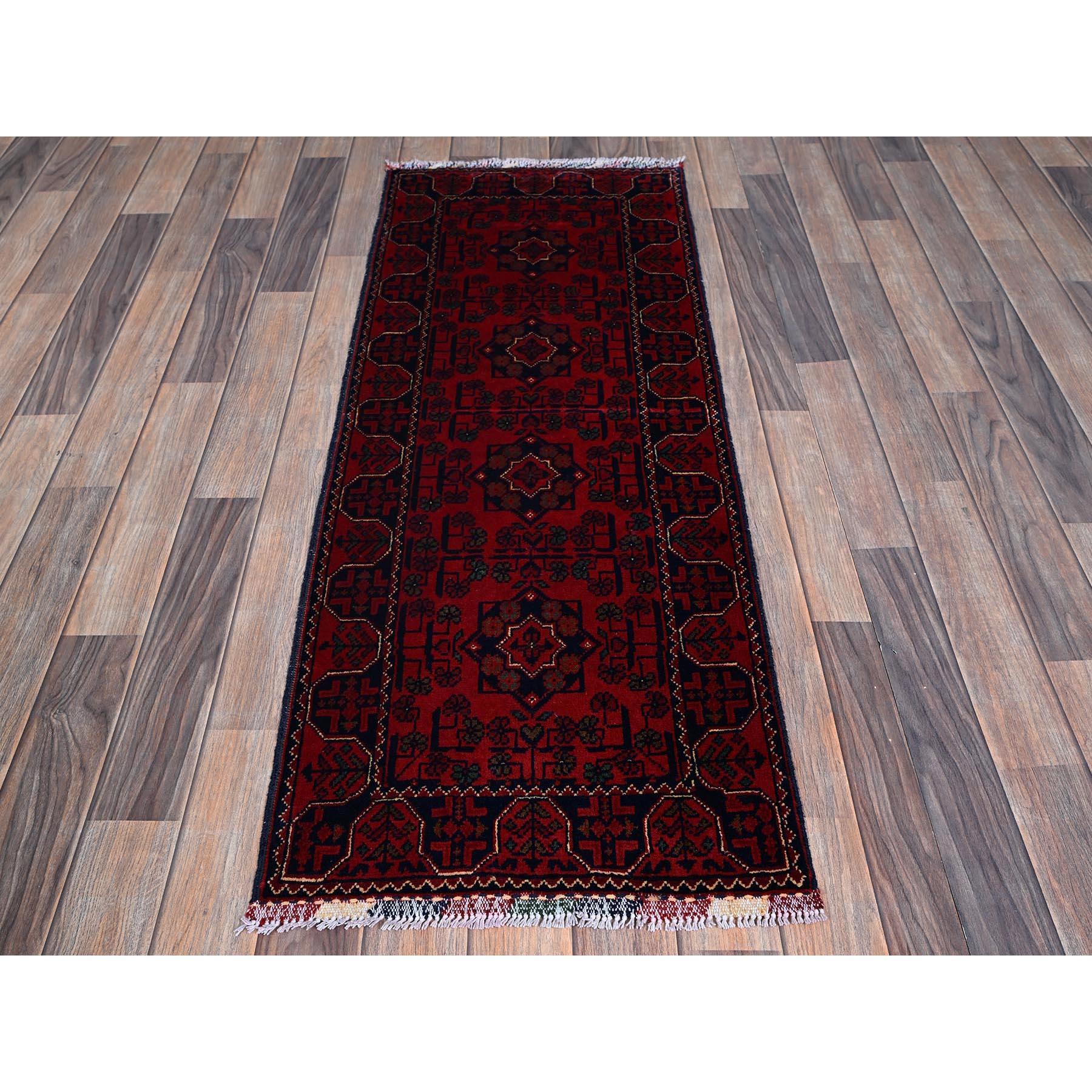Crimson Red, Afghan Khamyab with Geometric Pattern, Hand Knotted, Soft and Velvety Wool, Vegetable Dyes, Short and Narrow Runner, Oriental Rug
Primary materials: Wool
Latex: No Pile 
height: 0.25 Inches
Style: TraditionalPrimary color: Red
Secondary