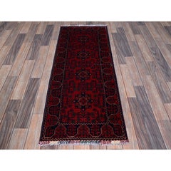 1'10"x4'10" Red Afghan Khamyab Geometric Pattern Hand Knotted Wool Runner Rug