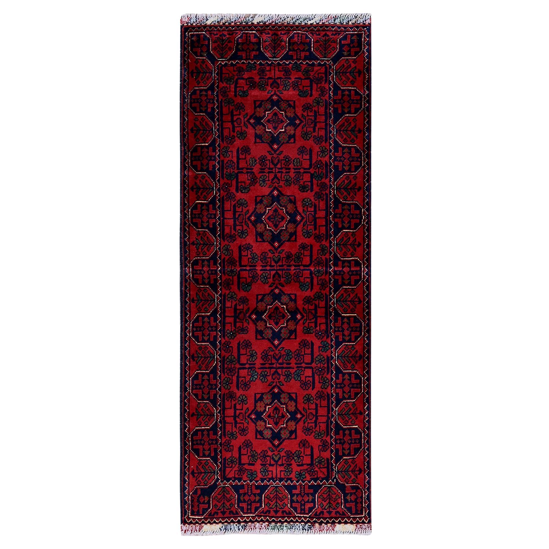 1'10"x4'10" Red Afghan Khamyab Geometric Pattern Hand Knotted Wool Runner Rug For Sale