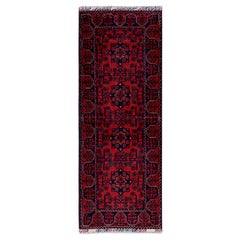 1'10"x4'10" Red Afghan Khamyab Geometric Pattern Hand Knotted Wool Runner Rug
