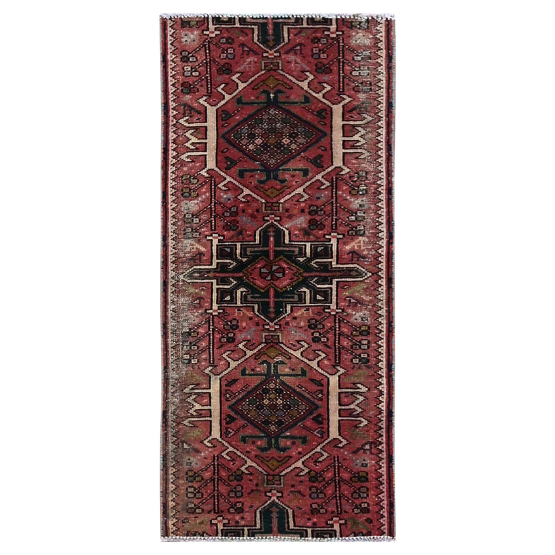 1'10"x4'2" Blush Red Vintage Persian Karajeh Heriz Hand Knotted Wool Runner Rug