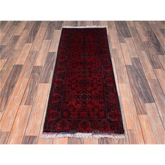1'10"x5' Red Afghan Andkhoy with Geometric Motif Hand Knotted Wool Runner Rug
