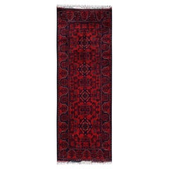 1'10"x5' Red Afghan Andkhoy with Geometric Motif Hand Knotted Wool Runner Rug