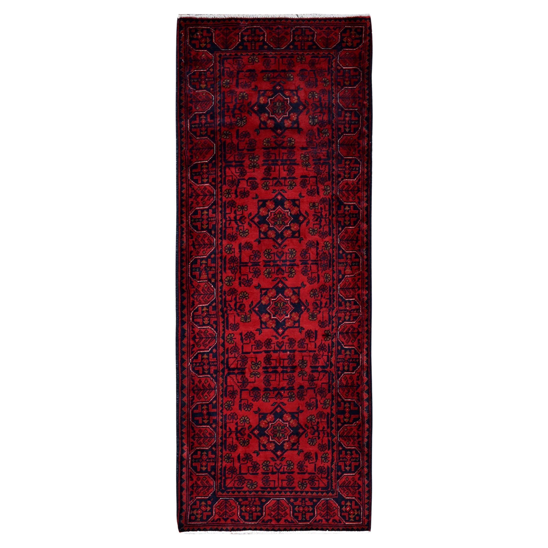 1'10"x5' Red Afghan Khamyab Geometric Pattern Hand Knotted Soft Wool Runner Rug