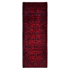 1'10"x5' Red Afghan Khamyab Geometric Pattern Hand Knotted Soft Wool Runner Rug
