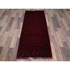 1'10"x5' Red Afghan Khamyab with Geometric Pattern Hand Knotted Wool Runner Rug