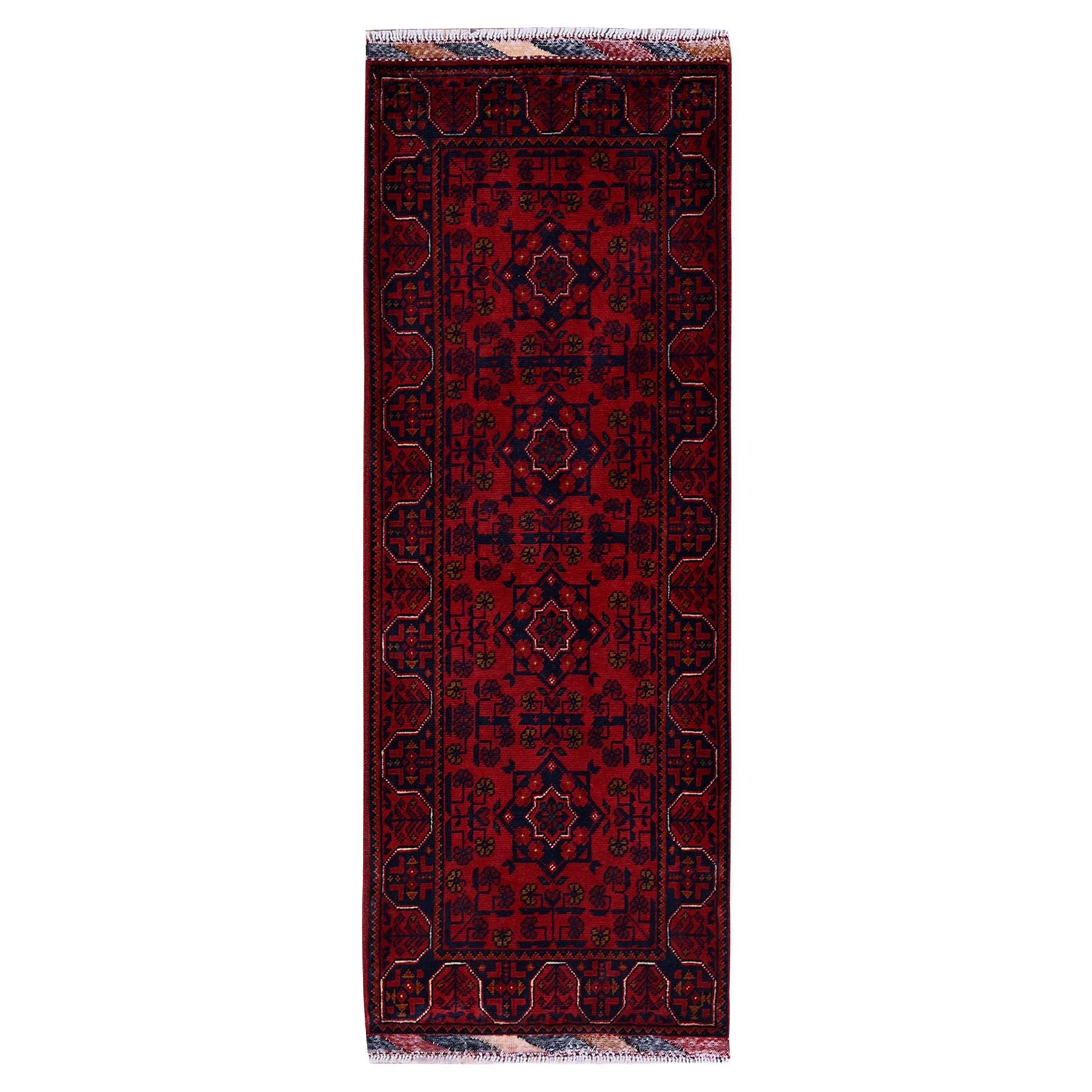 1'10 "x5' Alfombra afgana roja Khamyab con dibujo geométrico Alfombra de lana anudada a mano para Correr