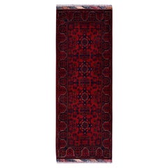 1'10"x5' Red Afghan Khamyab with Geometric Pattern Hand Knotted Wool Runner Rug