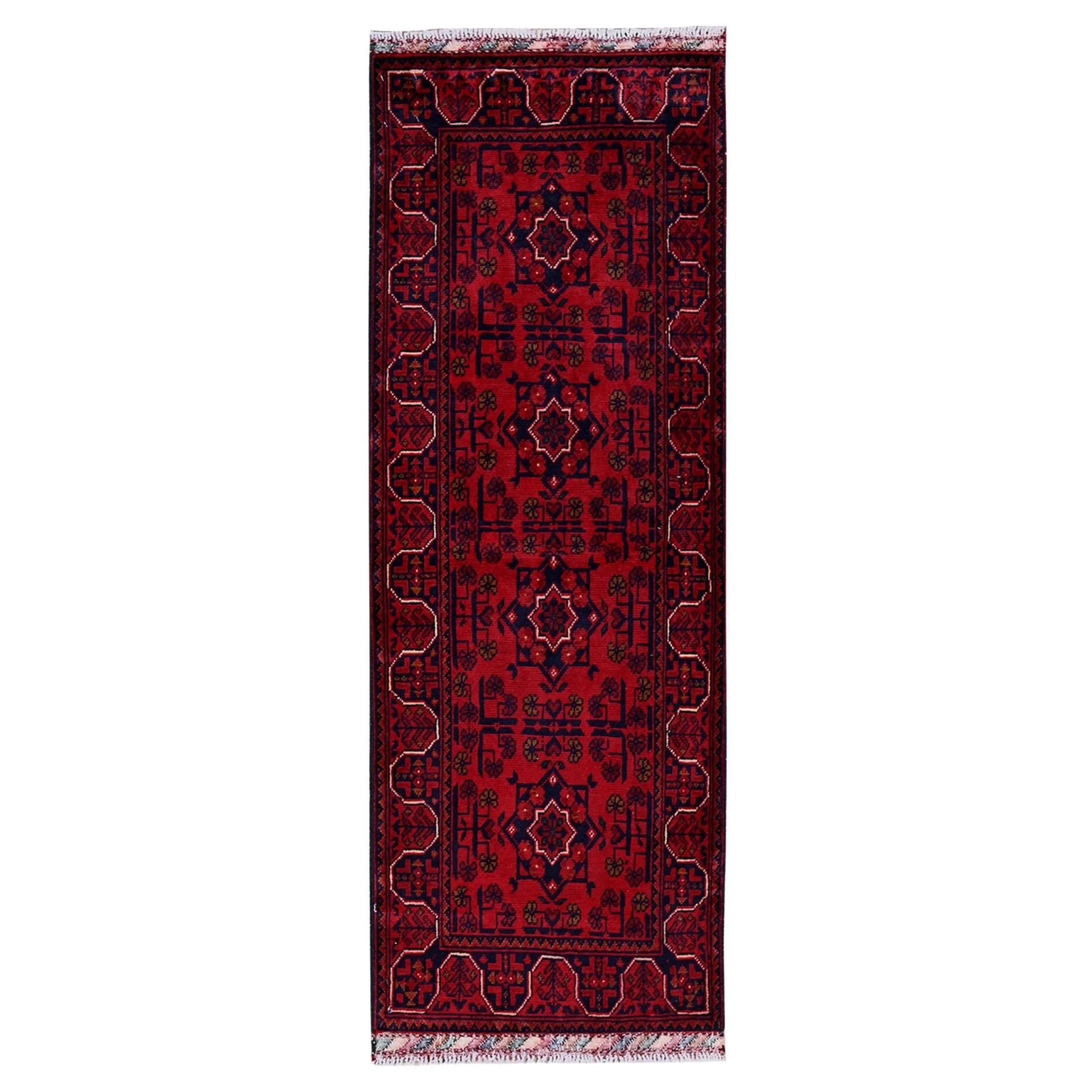 1'10"x5' Red Afghan Khamyab with Geometric Pattern Hand Knotted Wool Runner Rug