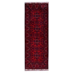 1'10"x5' Red Afghan Khamyab with Geometric Pattern Hand Knotted Wool Runner Rug