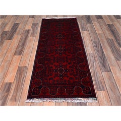 1'10"x5' Red Hand Knotted Afghan Andkhoy with Geometric Motif Wool Runner Rug