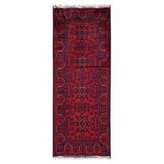 1'10"x5' Red Hand Knotted Afghan Andkhoy with Geometric Motif Wool Runner Rug