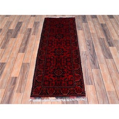 1'10"x5'1" Red Afghan Andkhoy with Geometric Motif Hand Knotted Wool Runner Rug