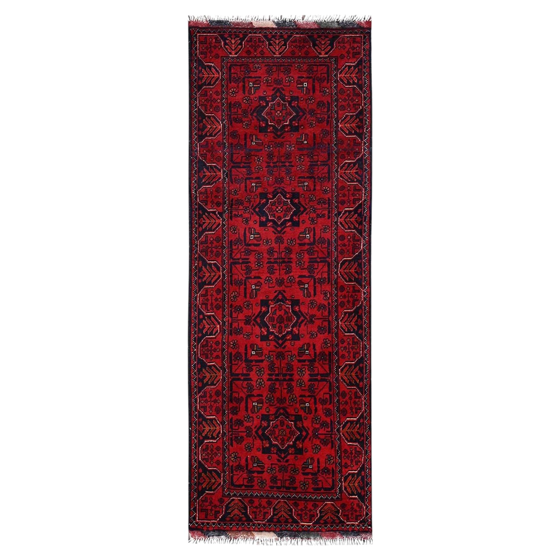 1'10"x5'1" Red Afghan Andkhoy with Geometric Motif Hand Knotted Wool Runner Rug