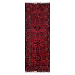 1'10"x5'1" Red Afghan Andkhoy with Geometric Motif Hand Knotted Wool Runner Rug