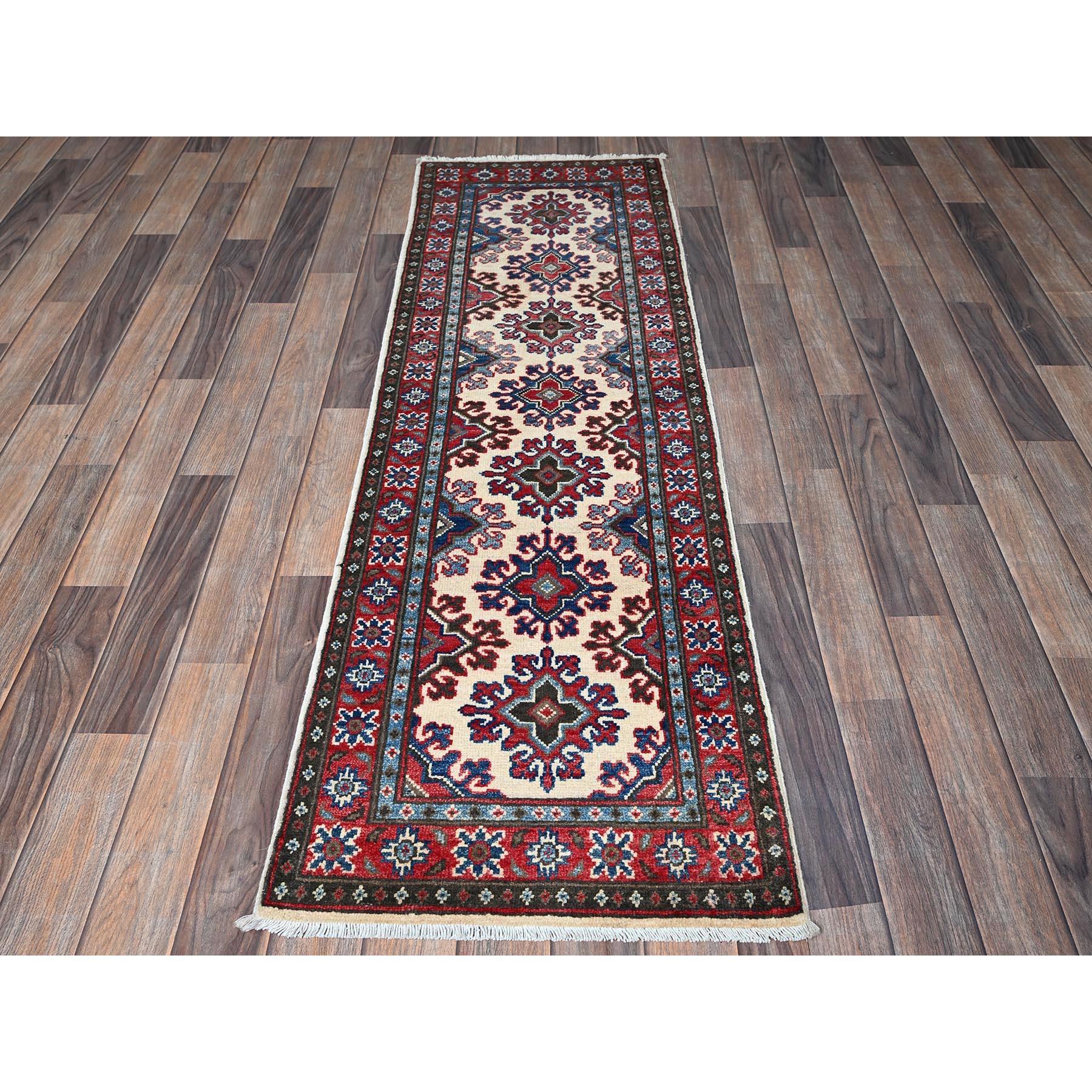 Pearl White, Kazak with Tribal Medallions Design, Hand Knotted, Soft and Velvety Wool, Denser Weave, Vegetable Dyes, Narrow Runner, Oriental Rug
Primary materials: Wool
Latex: No Pile 
height: 0.25 Inches
Style: Traditional
Primary color: