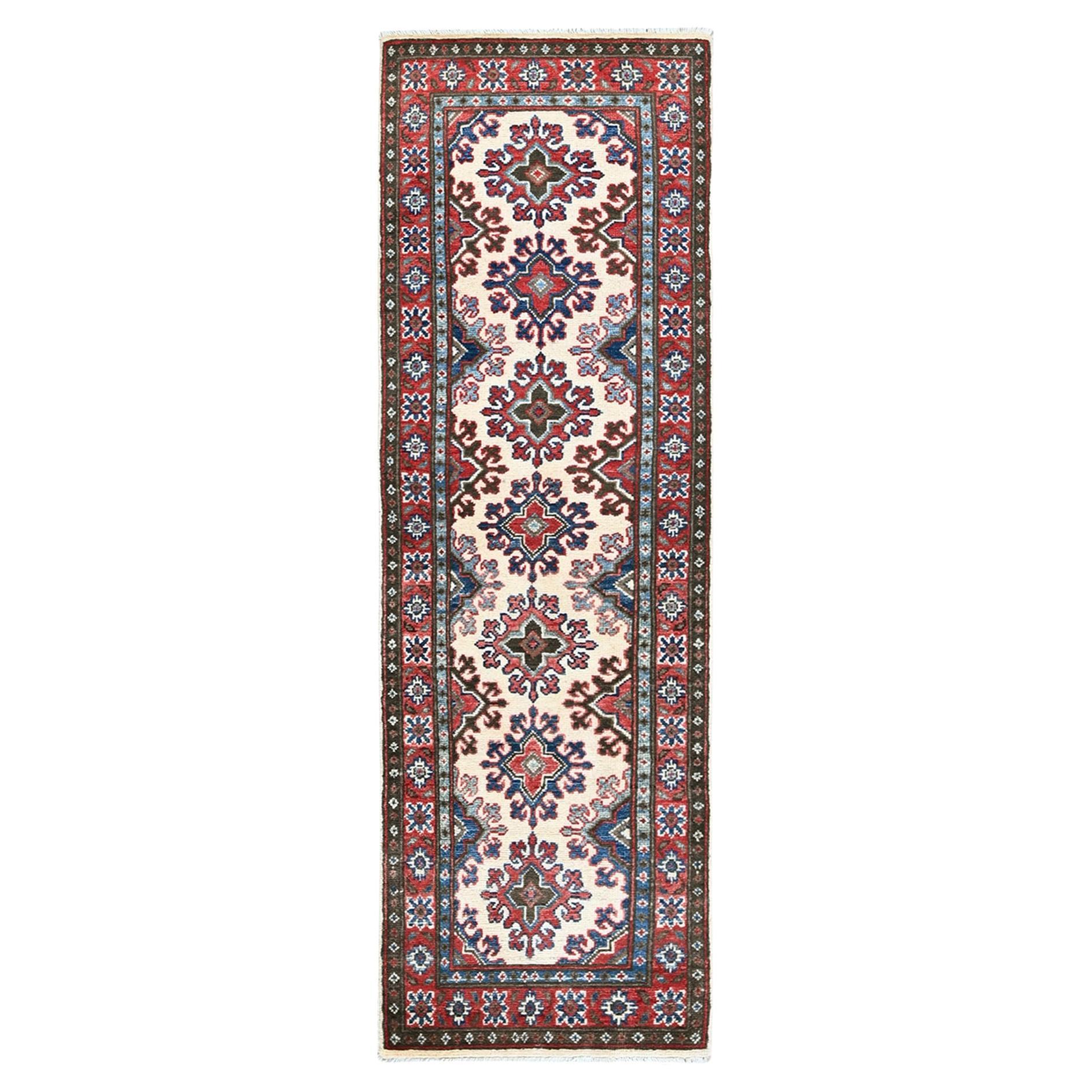 1'10"x6' Ivory Kazak with Tribal Medallions Design Hand Knotted Wool Runner Rug For Sale