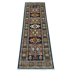 1'10"x6' Navy Blue Wool Afghan Super Kazak Geometric Medallions Design Rug