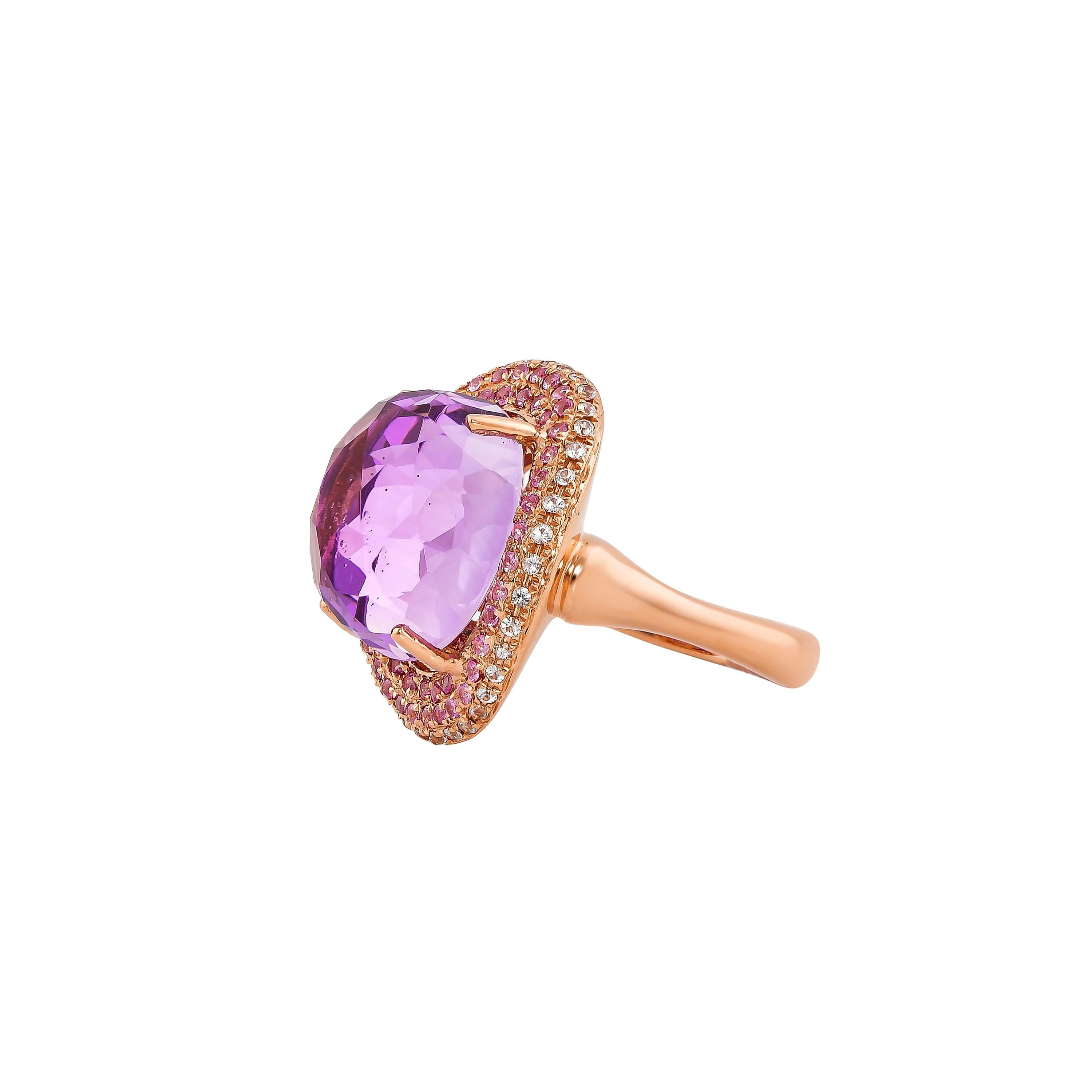 Contemporary 11.1 Carat Amethyst and Sapphire Ring in 14 Karat Rose Gold For Sale