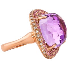11.1 Carat Amethyst Ring in 14 Karat Rose Gold with Sapphires