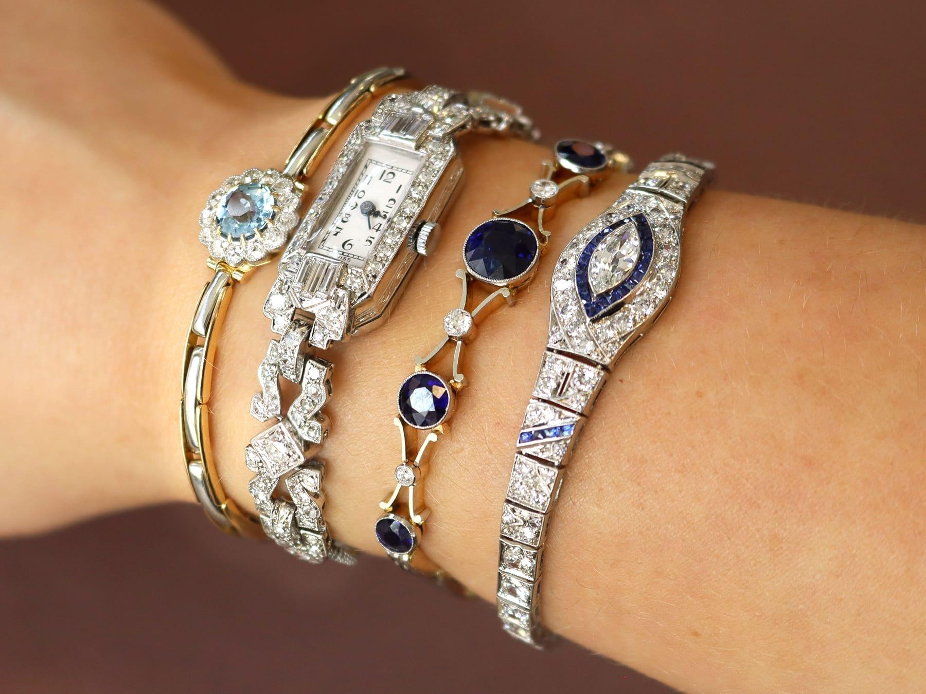 Taille ronde Bracelet en or jaune 14k de 1,11 carat d'aigue-marine et 0,75 carat de diamant Circa 1905 en vente