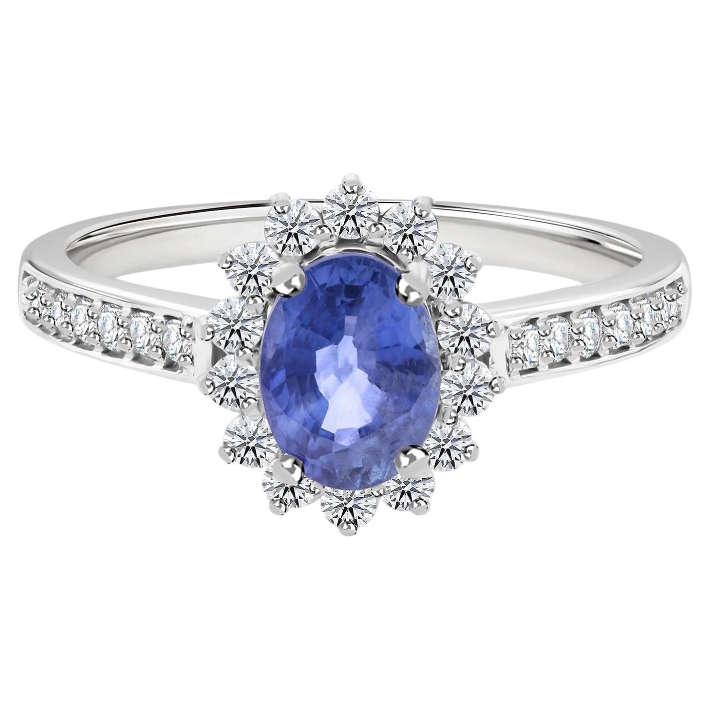 1.11 Carat Blue Sapphire 0.37 Carat SI/H Diamond Fine Ring 18 Karat White Gold