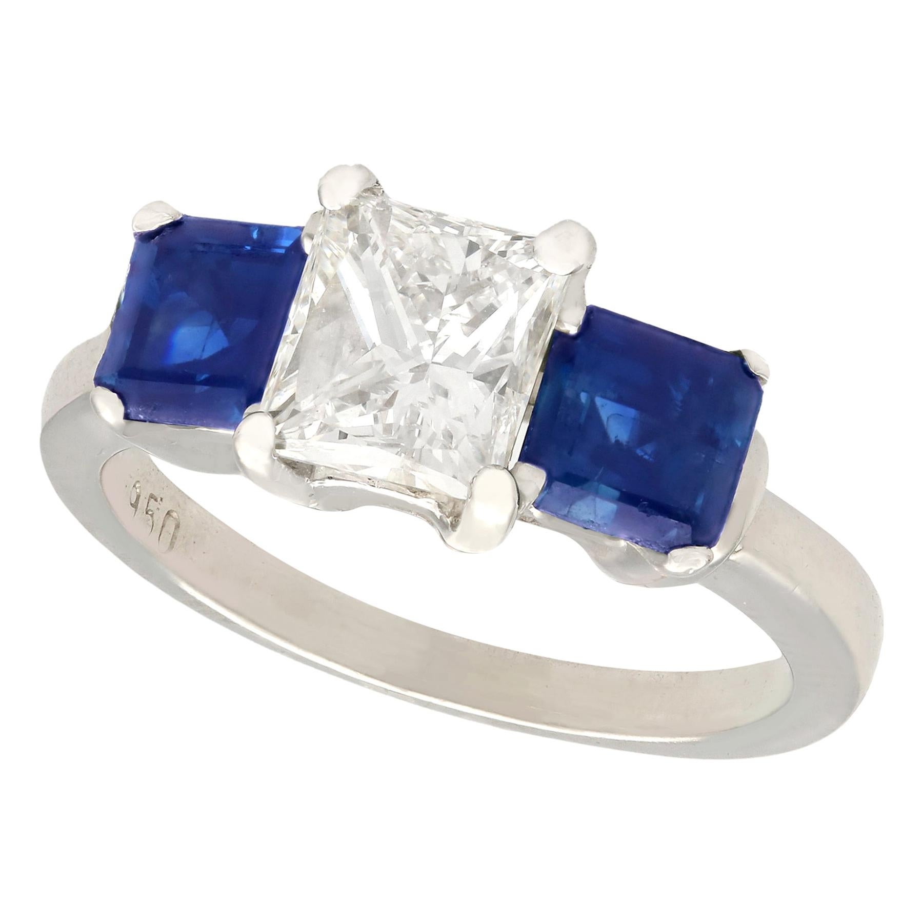 A stunning, fine and impressive 1.11 carat diamond and 0.83 carat blue sapphire, platinum trilogy / cocktail ring; part of our diverse jewelry and estate jewelry collections cocktail ring.

This stunning, fine and impressive sapphire and diamond