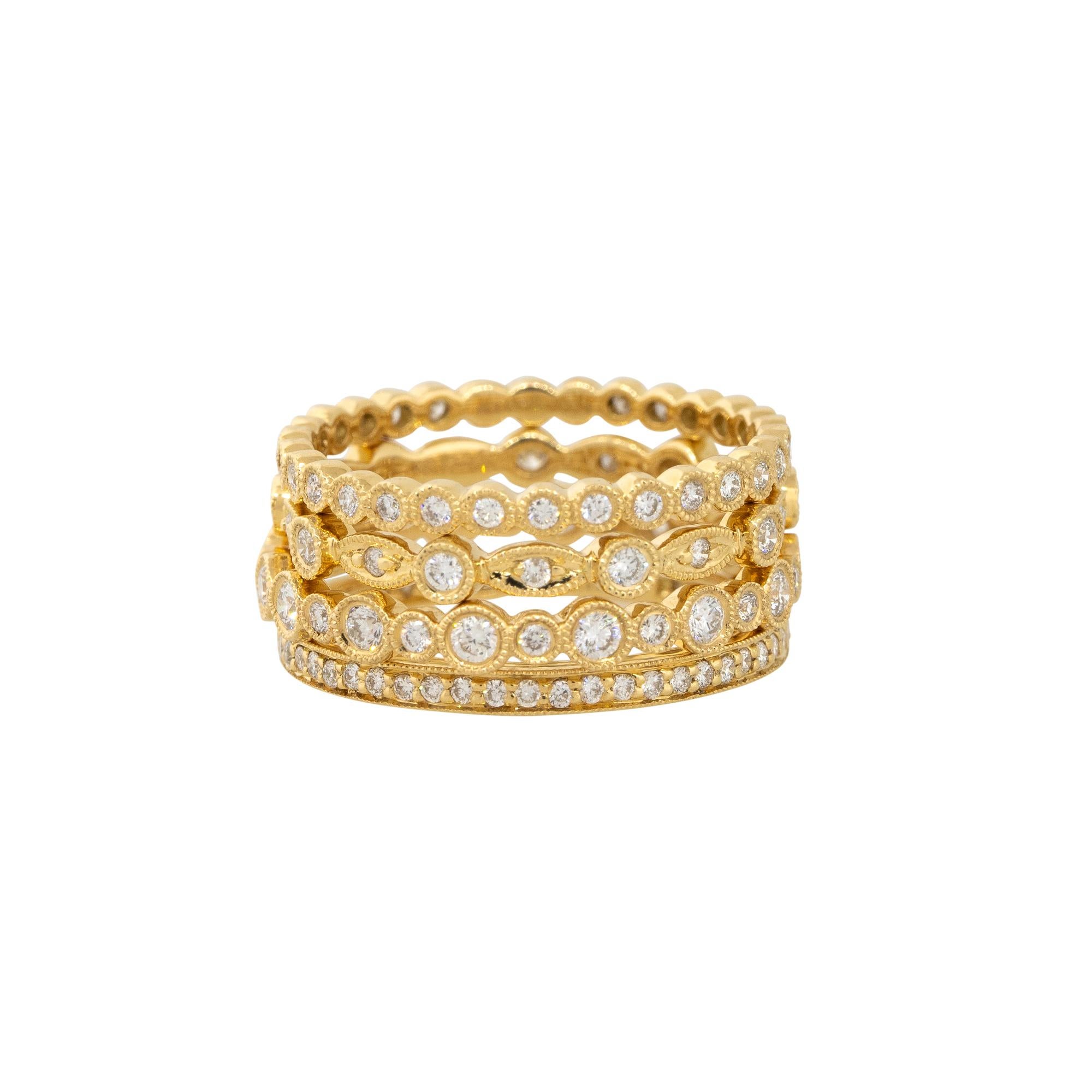 18k Yellow Gold 1.11ctw Diamond Set of 4 Stackable Rings
Style: Women's Diamond Stackable Rings (4)
Material: 18k Yellow Gold
Diamond Details: Approximately 1.11ctw of Round Brilliant Cut Diamonds in the set of 4 rings. There are 122 stones