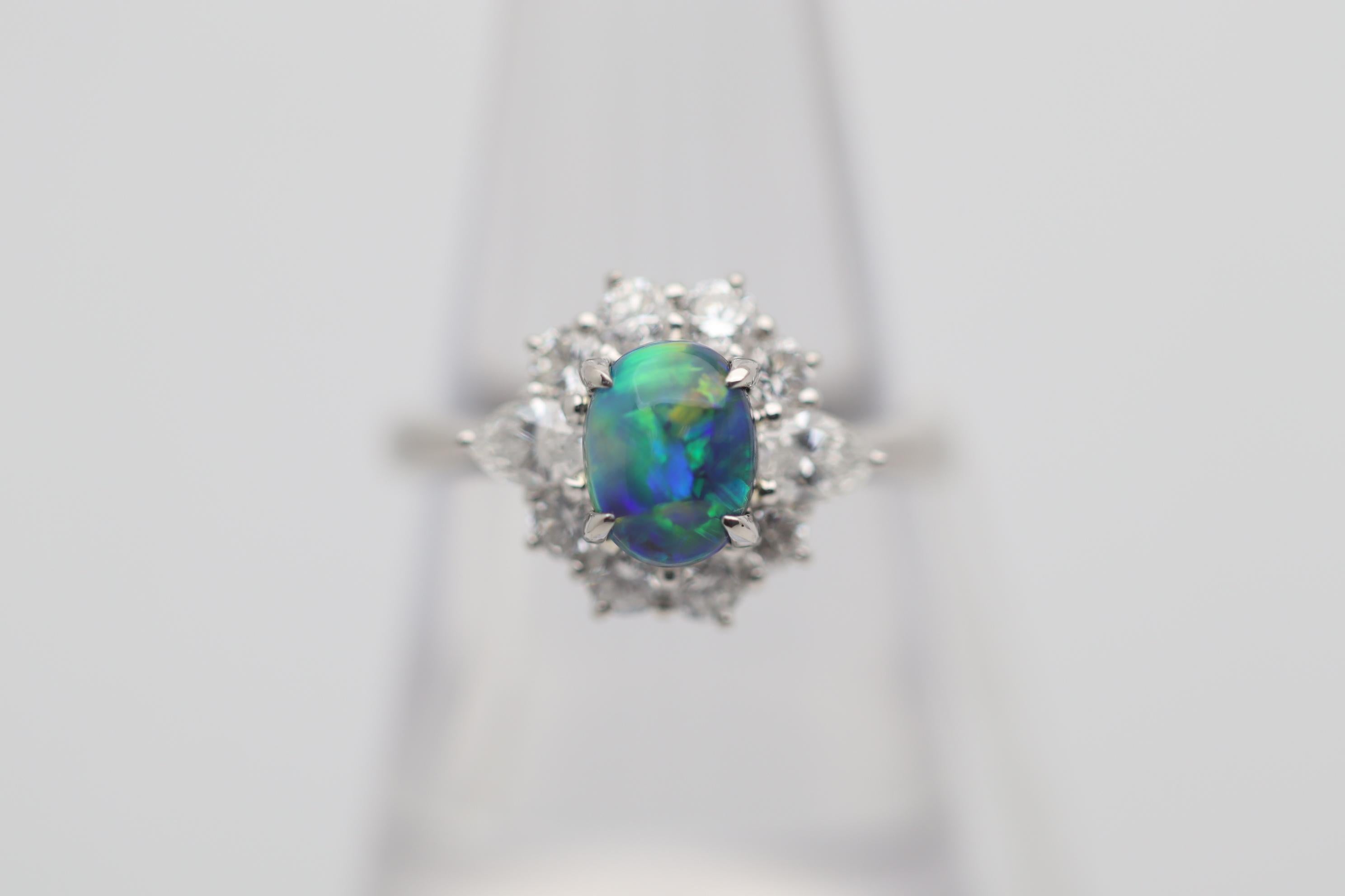 Oval Cut 1.11 Carat Fine Australian Black Opal Diamond Platinum Ring For Sale