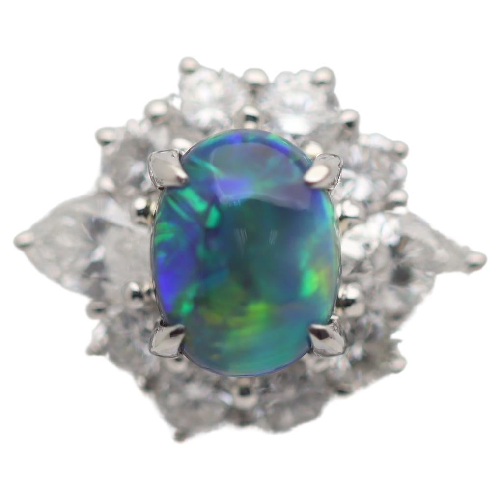 1.11 Carat Fine Australian Black Opal Diamond Platinum Ring For Sale