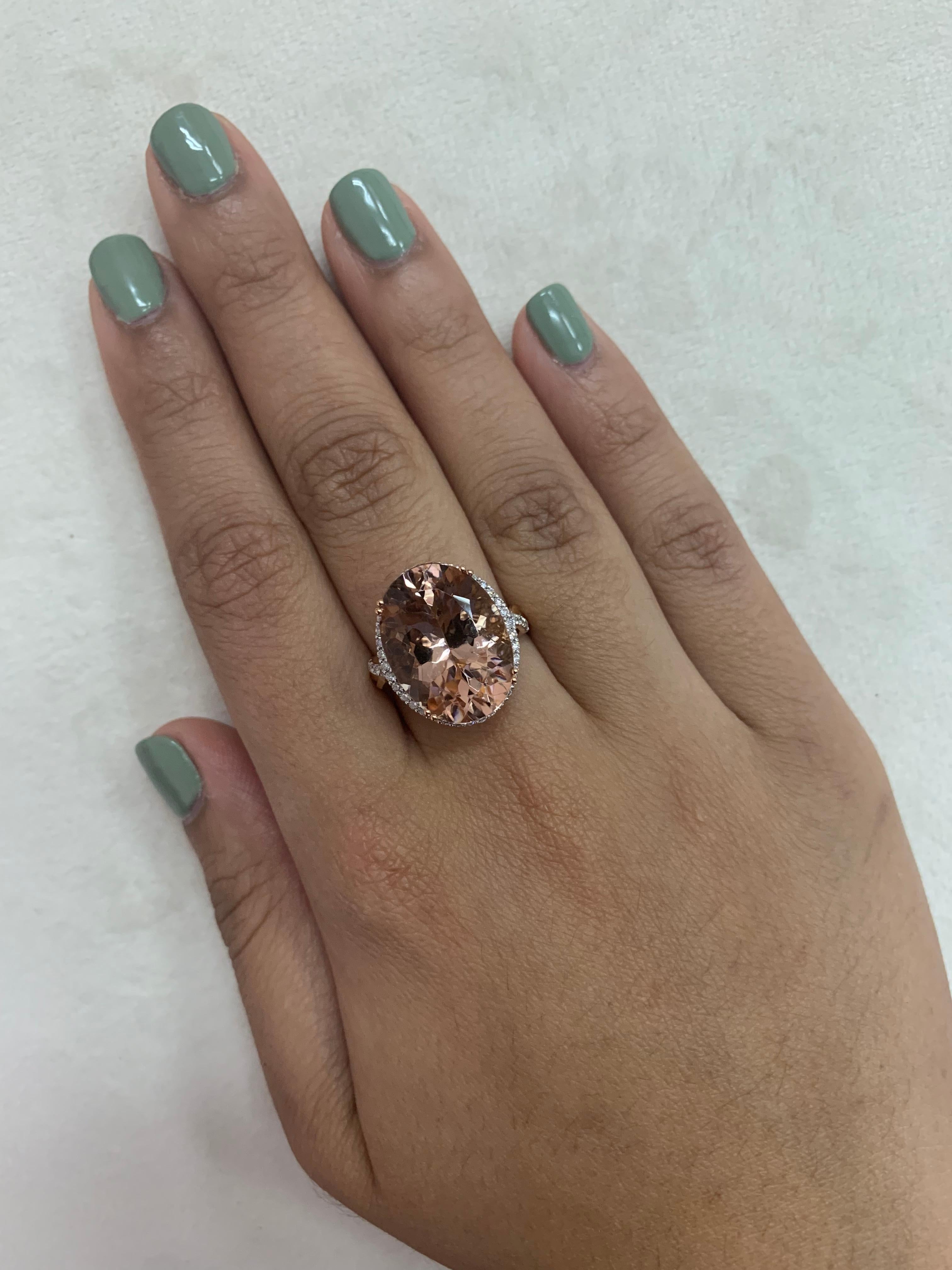 This collection features an array of magnificent morganites! Accented with diamonds these rings are made in rose gold and present a classic yet elegant look. 

Classic morganite ring in 18K rose gold with diamonds. 

Morganite: 11.17 carat oval
