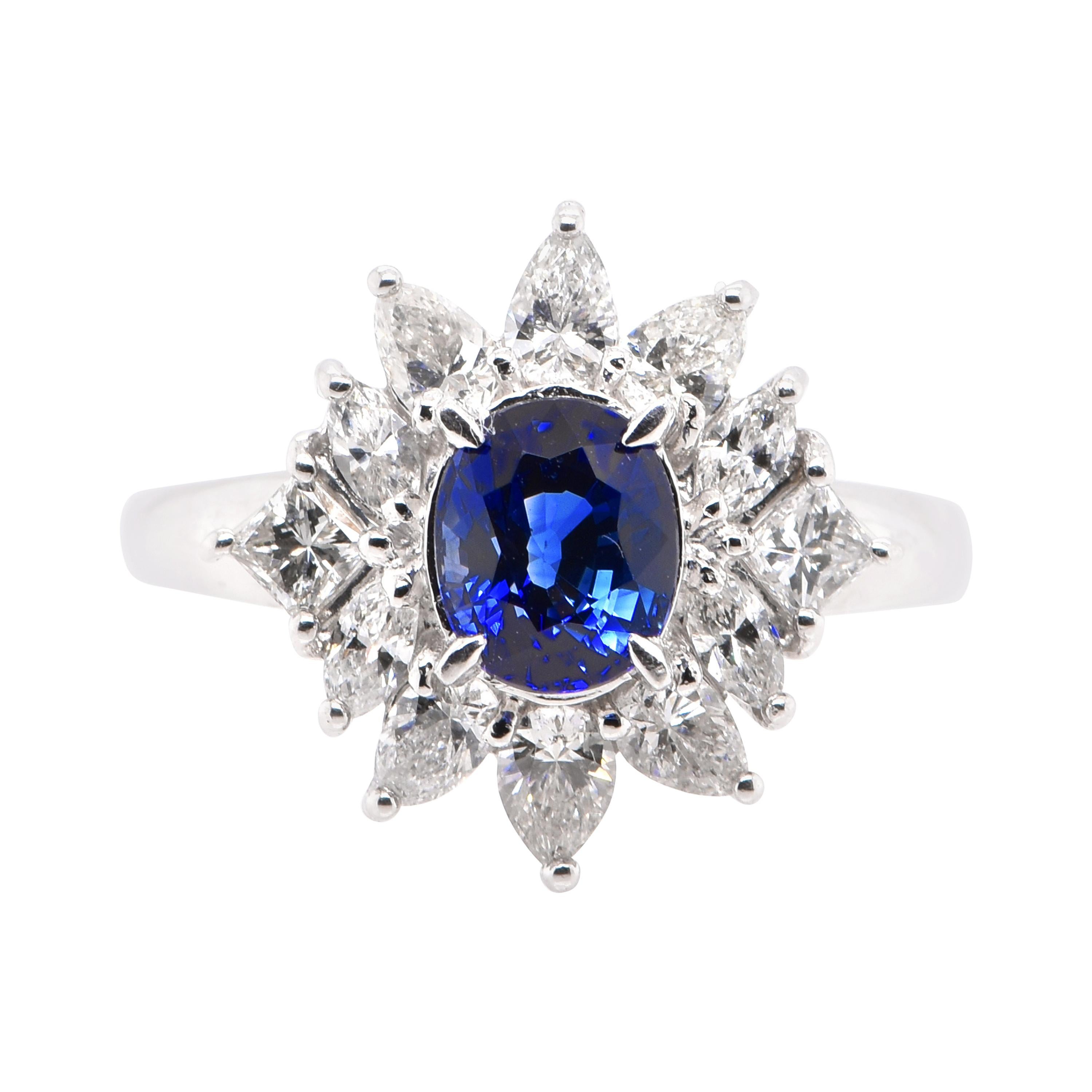 1.11 Carat Natural Royal Blue Sapphire and Diamond Ring Set in Platinum For Sale