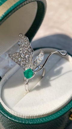 1.11 Carat Natural Emerald Dragonfly Wing Shaped Diamond Cocktail Ring