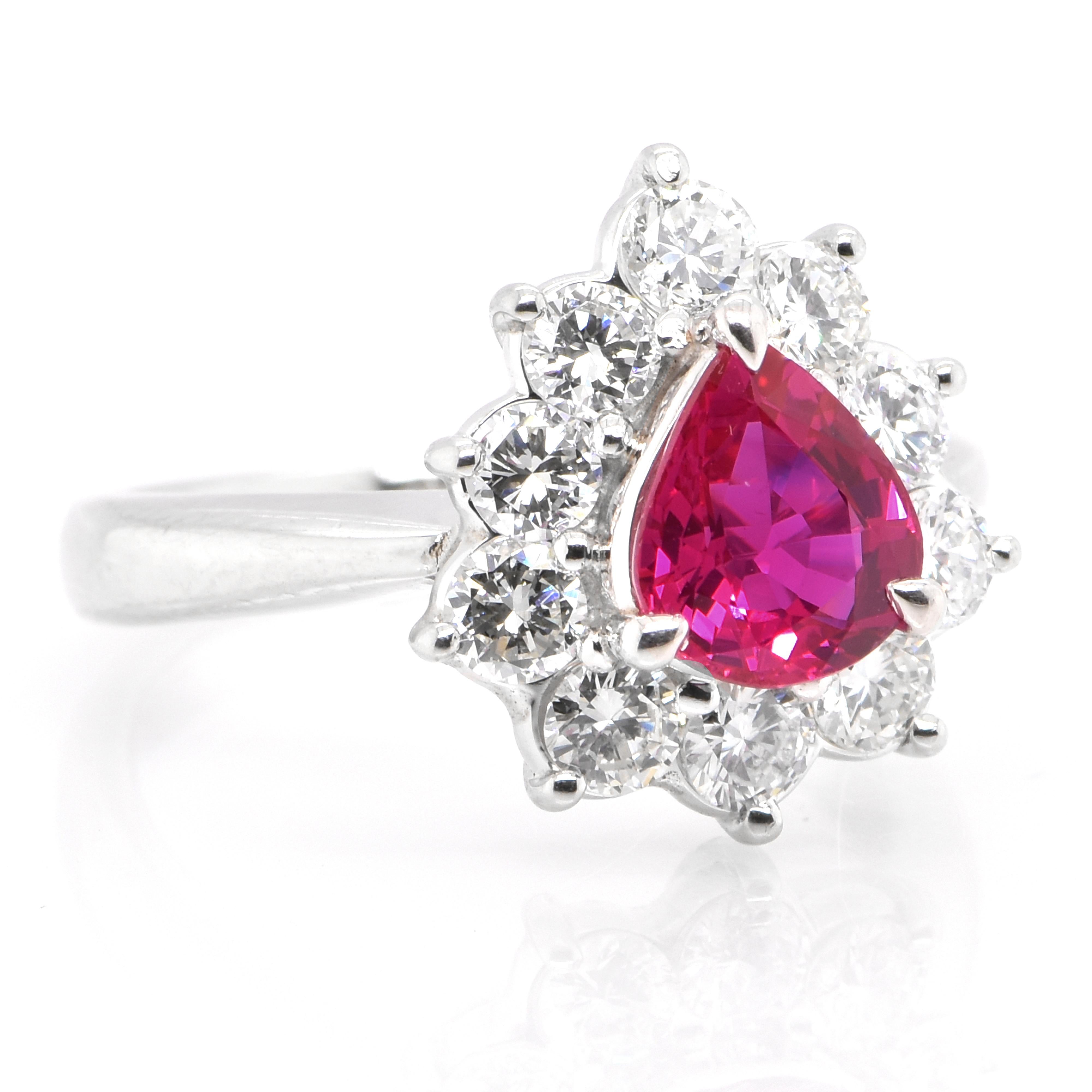 Modern 1.11 Carat Natural Pear Cut Ruby and Diamond Ring Set in Platinum