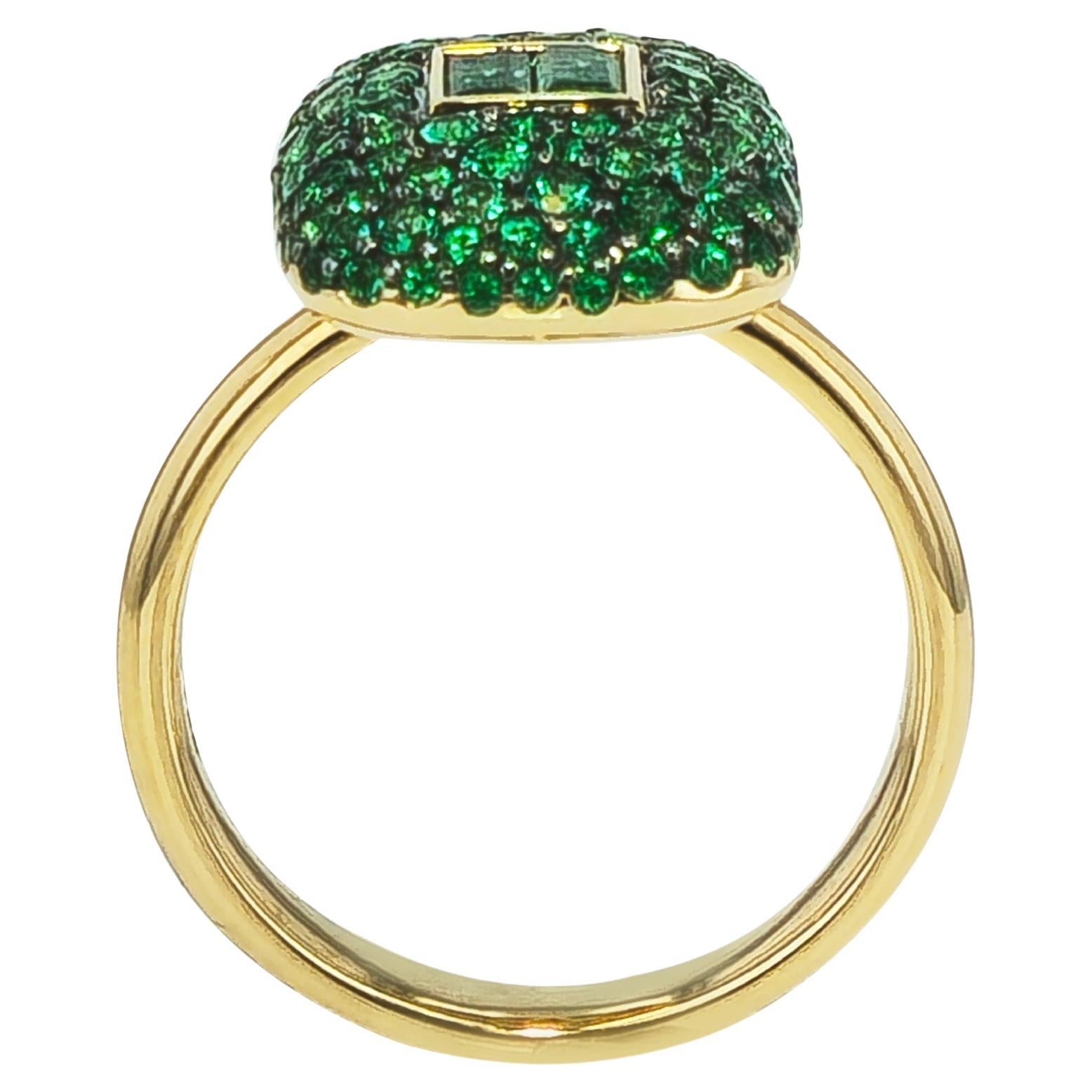 1.11 Carat Pave Emerald Cocktail Ring 18 Karat Yellow Gold  For Sale