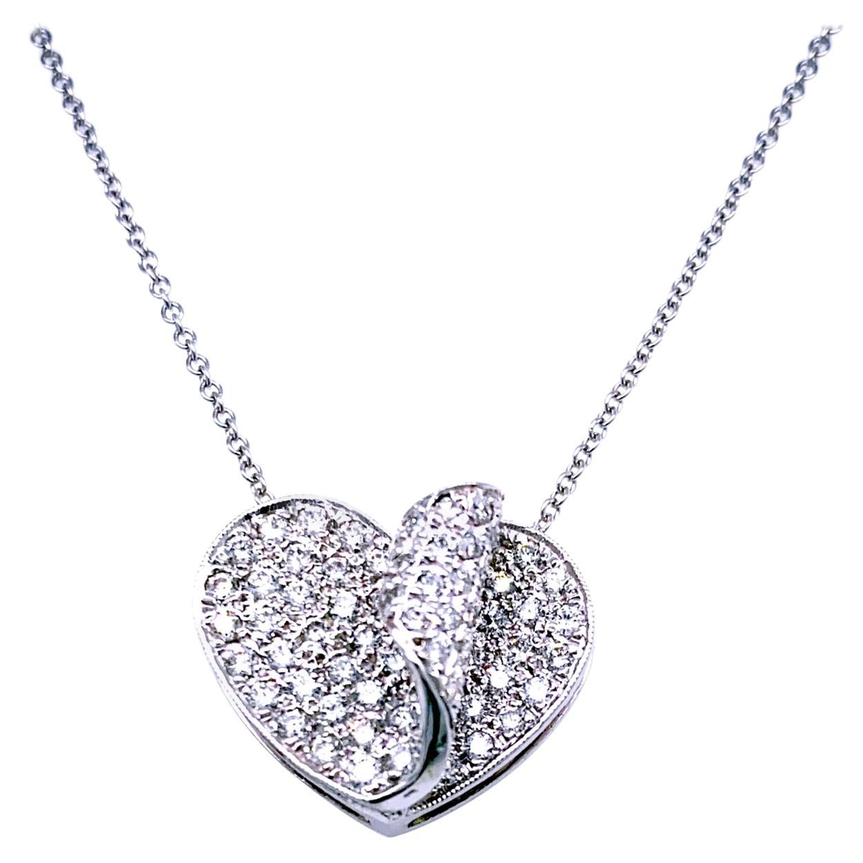1.11 Carat Pave Set Diamond 14 Karat Gold Heart Pendant Necklace