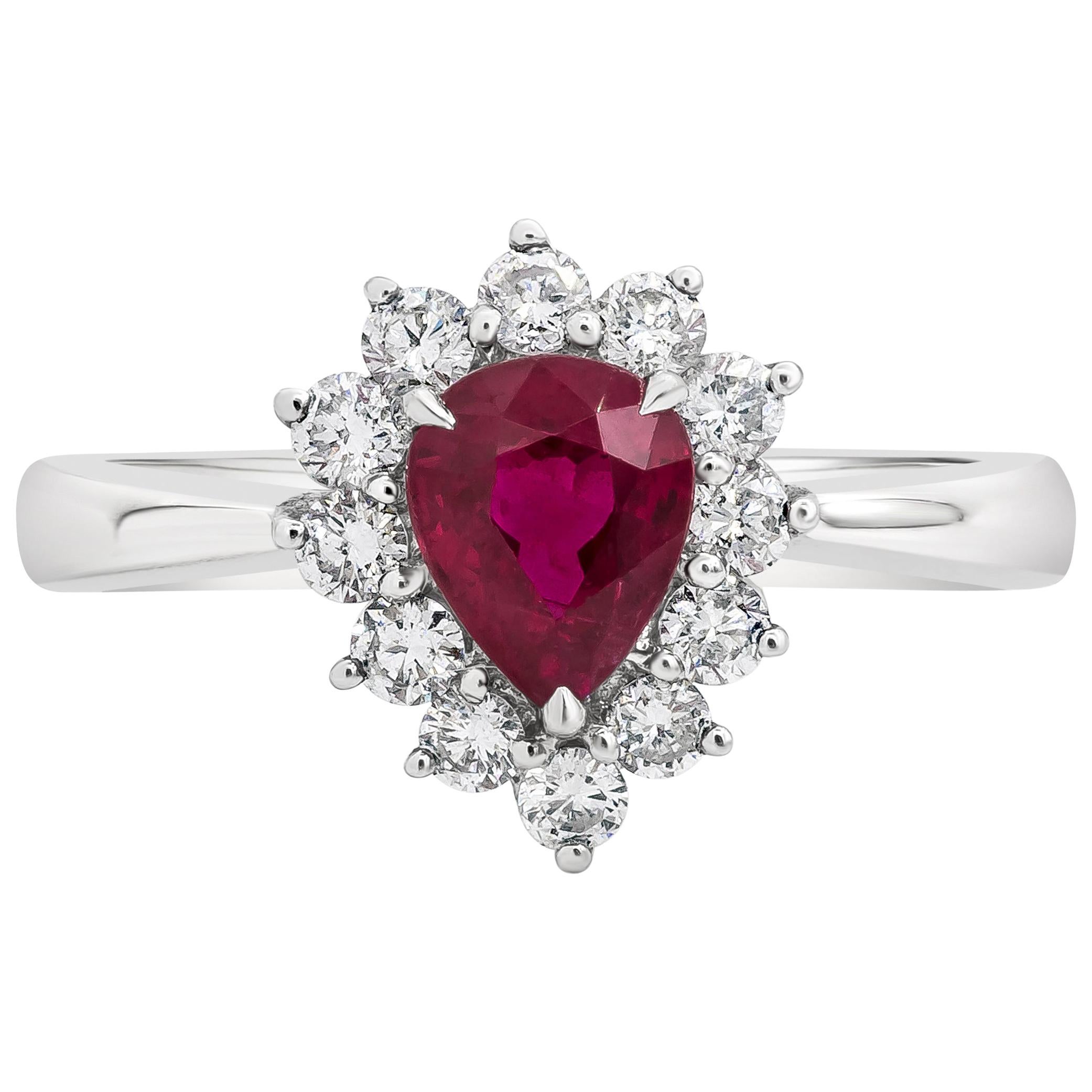 Roman Malakov 1.11 Carats Pear Shape Ruby and Diamond Halo Engagement Ring For Sale