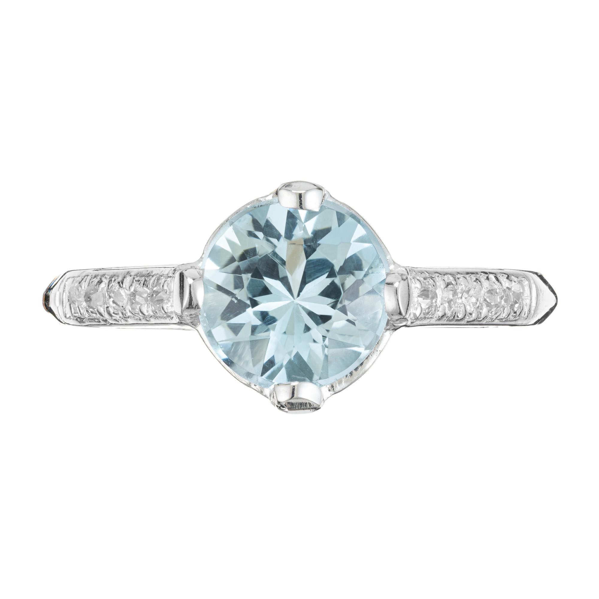 Round Cut 1.11 Carat Round Aquamarine Diamond Platinum Art Deco Engagement Ring  For Sale