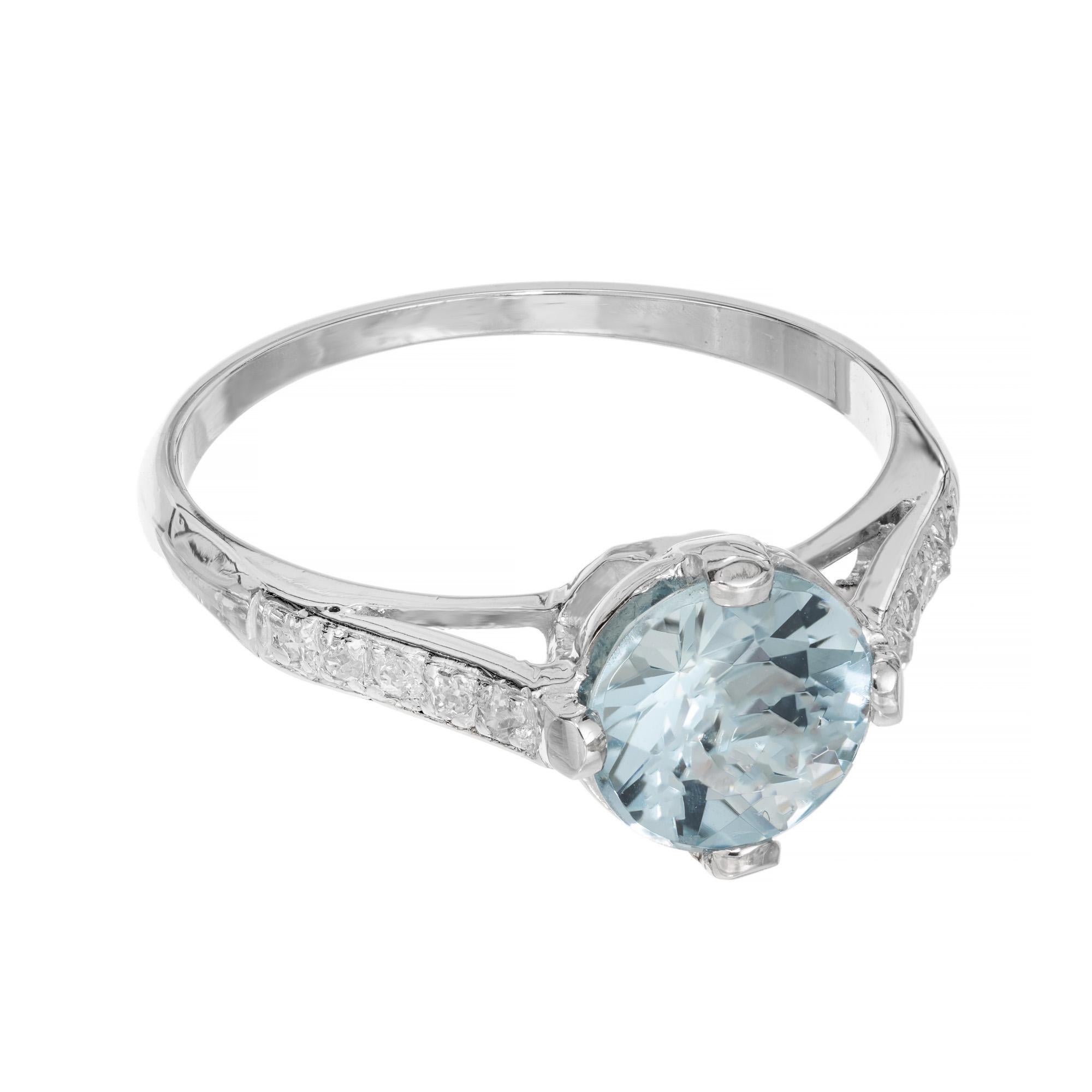 Women's 1.11 Carat Round Aquamarine Diamond Platinum Art Deco Engagement Ring For Sale
