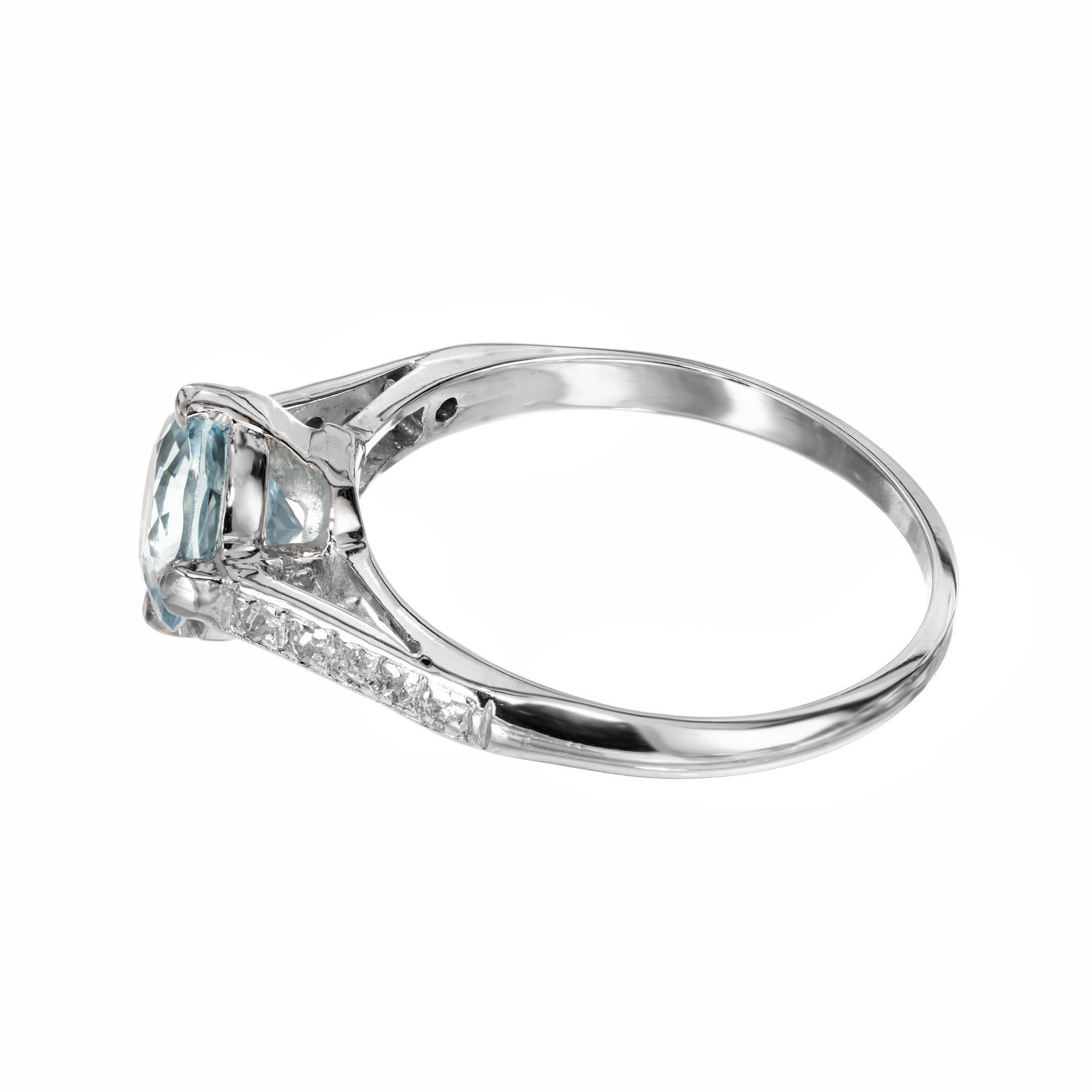 1.11 Carat Round Aquamarine Diamond Platinum Art Deco Engagement Ring  For Sale 1