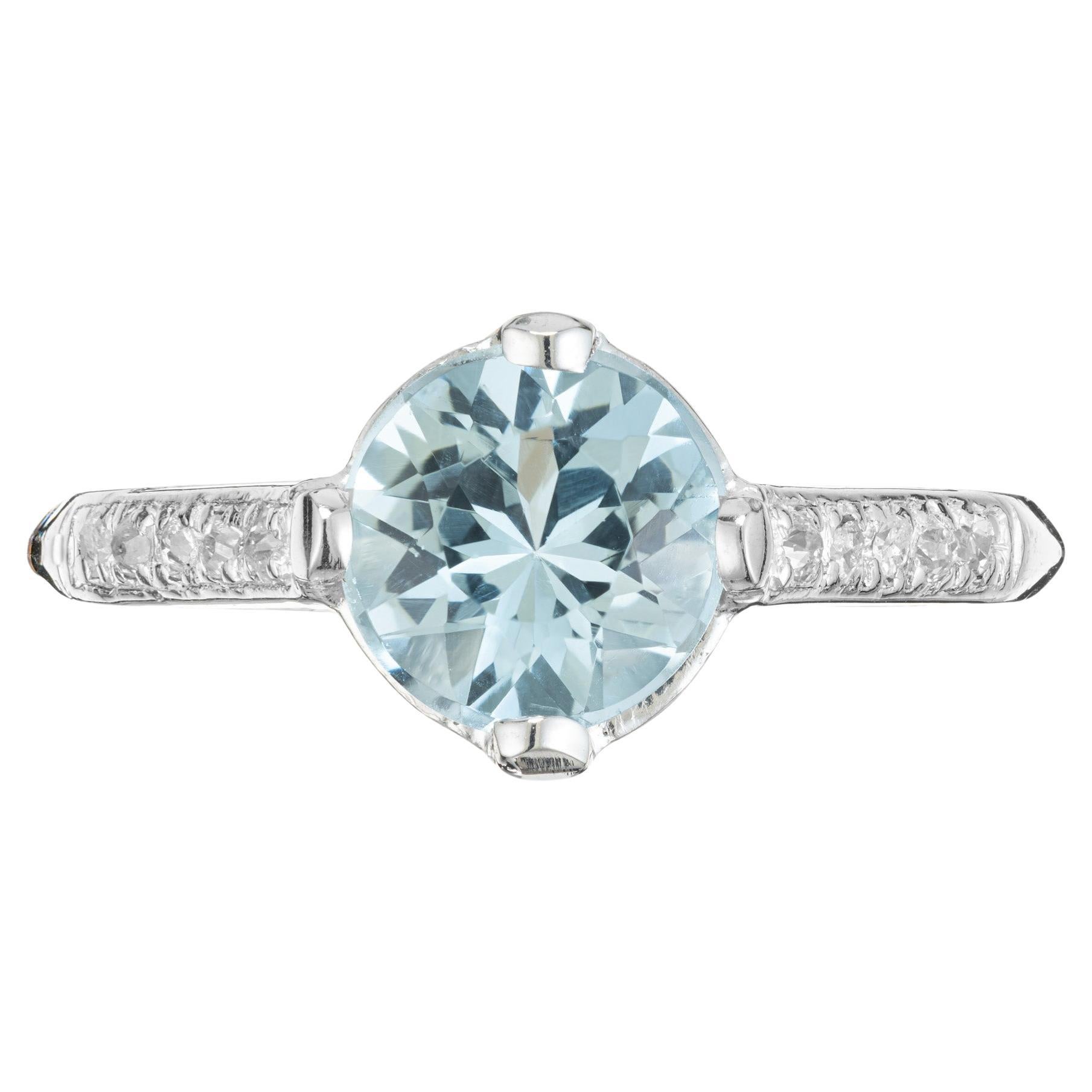 1.11 Carat Round Aquamarine Diamond Platinum Art Deco Engagement Ring  For Sale