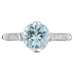 1.11 Carat Round Aquamarine Diamond Platinum Art Deco Engagement Ring